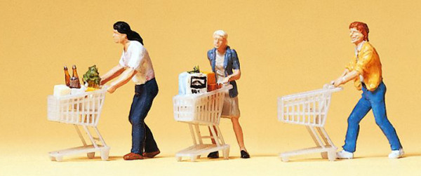 Preiser 10488 - Kunden mit Einkaufswagen 3 teilig