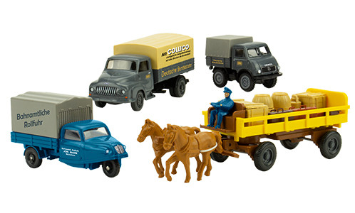 PMS 252853 - Set Edition Deutsche Bundesbahn Nr. 9 Pferdewagen, Goli Dreirad, Unimog U401 und Ford 2
