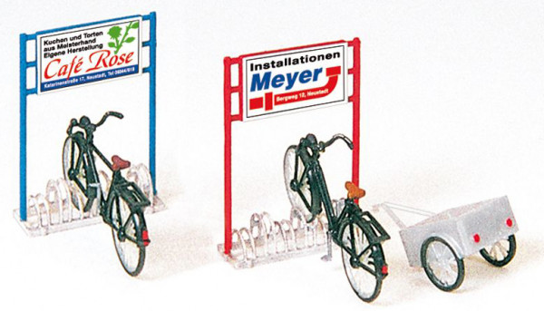 Preiser 17163 - Fahrradständer, 2 Fahrräder, Anhänger, Bausatz