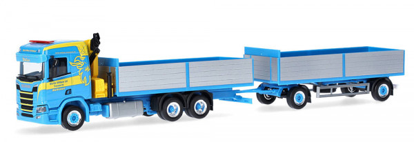 Herpa 926072 - Scania CR 20 Niedrigdach Pritschen-Hängerzug mit Ladekran "Martin Wittwer" (CH)"