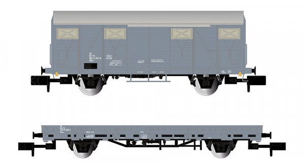 Arnold HN6716 - FS, 2-tlg. Set Dienstwagen, VGhs-Kastenwagen + Vkkkm-Flachwagen mit Schotterbeladung