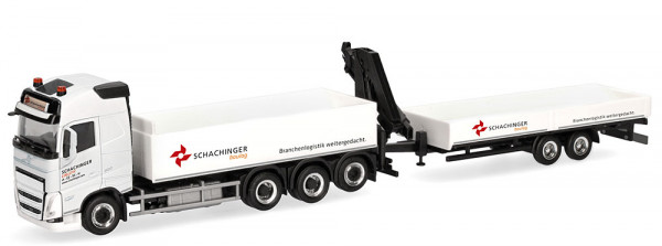 Herpa 319119 - Volvo FH GL 2020 Pritschen-Hängerzug mit Ladekran "Schachinger" (A)