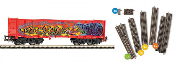 Piko 55380 - Ergänzungs-Set – Güterwagen Eaos mit Graffiti und Gleiserweiterung (Bettungsgleis)