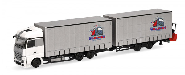 Herpa 319683 - Mercedes-Benz Actros Jumbogardinenplanentandem-Hängerzug mit Stapler "Wilkening"