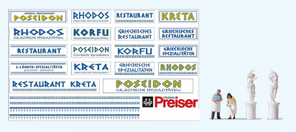 Preiser 19401 - Zubehörset "Griechisches Restaurant". Zwei handbemalte Restaurantmitarbeiter, zwei g