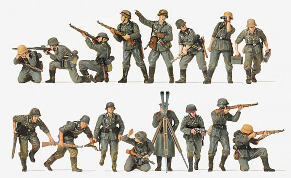 Preiser 16504 - Panzergrenadiere Deutsches Reich 1942 16 unbemalte Miniaturfiguren mit Zubehör Bausa