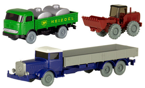 PMS 241264 - Set Wiking-Verkehrs-Modelle 88 MB L 1000 Pritschen-LKW, MB Pullman Behelfstankwagen und