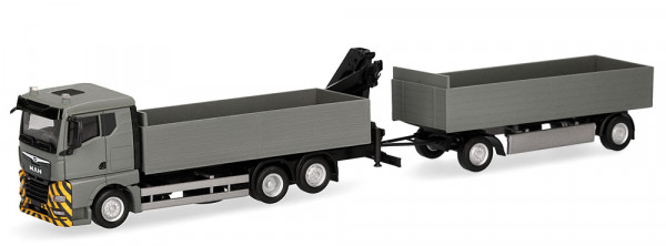 Herpa 320825 - MAN TGX GN Pritschen-Hängerzug mit Ladekran, grau/gelb