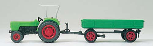 Preiser 17914 - Ackerschlepper Traktor Deutz D 6206 mit Überrollbügel und zweiachsigem Anhänger, Fer