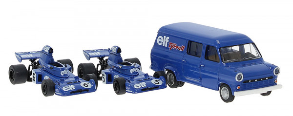 Brekina 22871 - Set "Tyrrell 006" aus 1973 mit 2 Rennwagen und Ford Transit