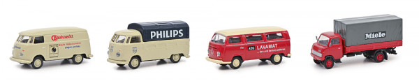 Schuco 452663700 - 4er Set „Starke Marken II“: VW T1 Kasten "Bauknecht", VW T1 Pritsche/Plane "Phili
