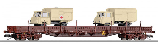 Tillig 18146 - DR Niederbordwagen Res3936 Ep.4, beladen mit zwei LKW Robur 1801 Kofferaufbau in Expo