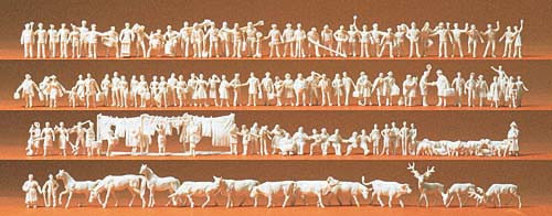 Preiser 79000 - Bahnpersonal, Reisende, Passanten, Arbeiter, Tiere. 120 unbemalte Miniaturfiguren. B