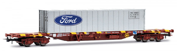 Electrotren HE6102 - RENFE, MMC3-Containerwagen, beladen mit 40´-Container „Ford“, oxidrote Farbgebu