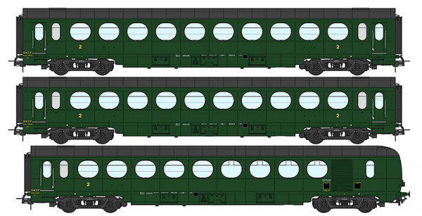 REE VB-495 - SNCF Set 3-teilig Leichtstahlwagen grün 306 Ep. 3b, B10, B10, B5d