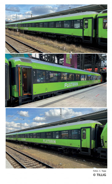 Tillig 01100 - Flixtrain Set 3-teilig Reisezugwagen 2x Bmmz264.4 + 1x Bmmbz266.9 Rp.6, Teil 1