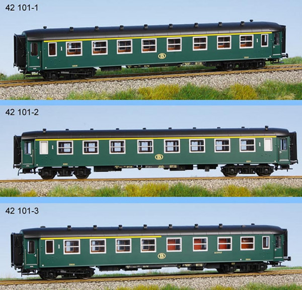 LSModels 42101 - SNCB Set I2 Wagen Schlieren 3tlg. 2. Kl. grün Ep. 3c I2A8 + I2A8 + I2A4R, Dach schw